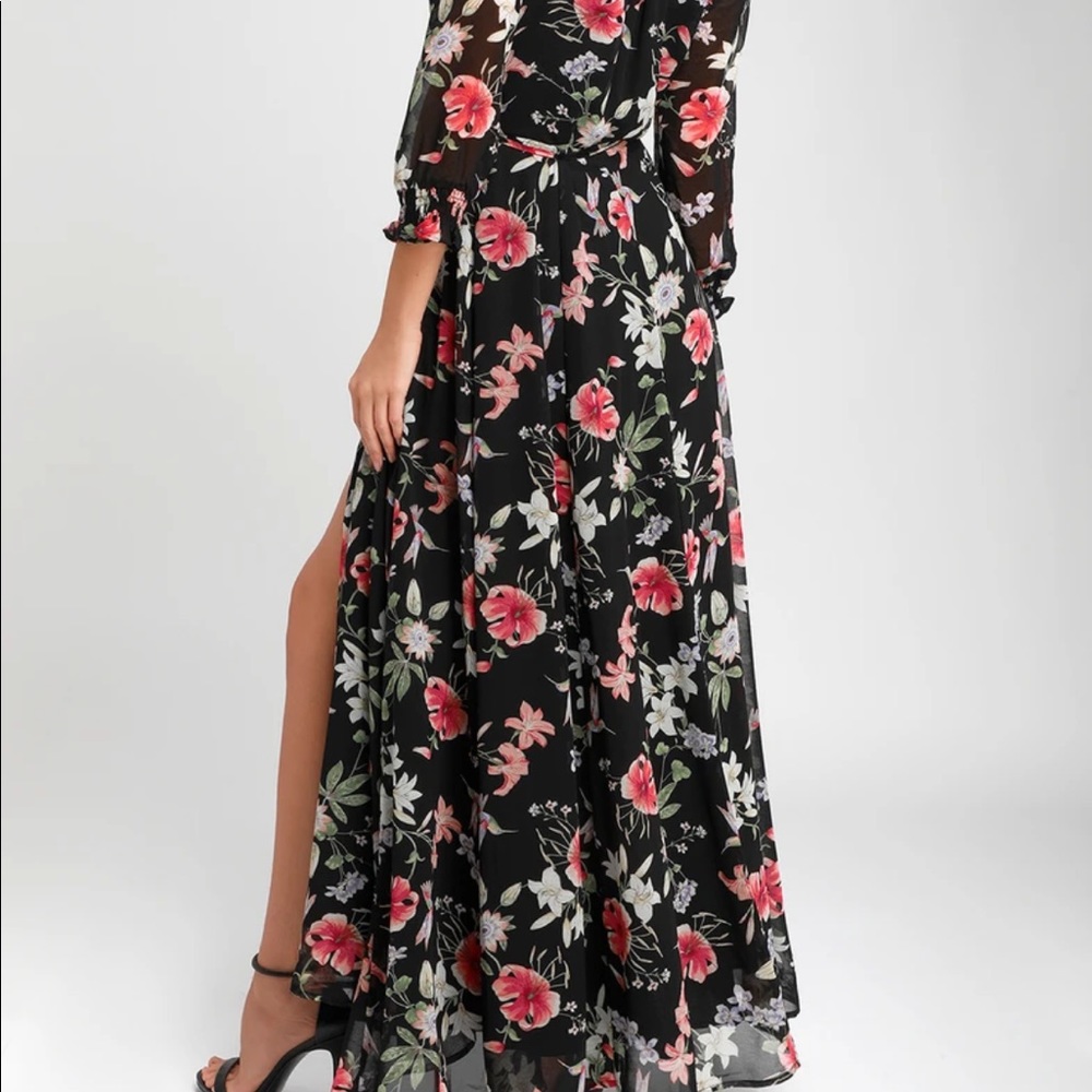 Awakened Black Floral Print Chiffon Maxi Wrap Dres - Picture 5 of 7